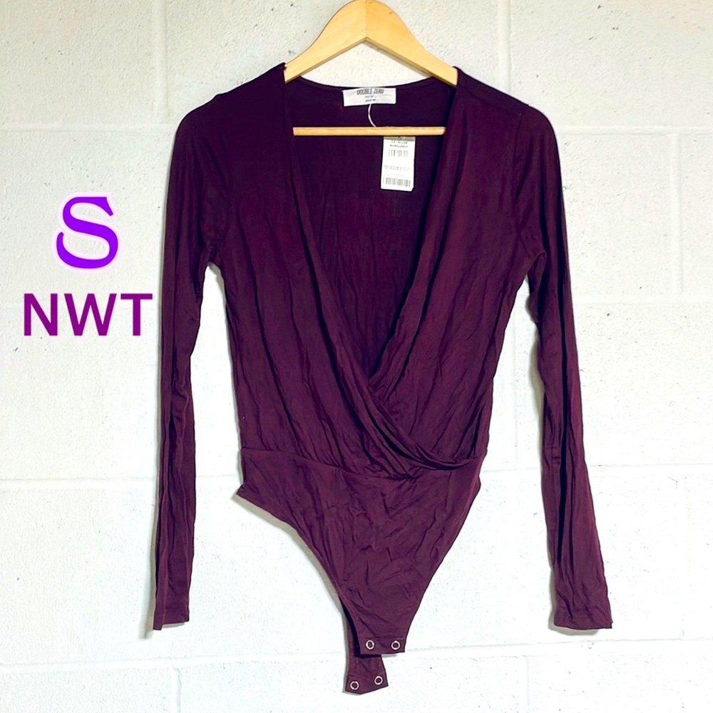 NWT (S) double zero surplus drape front long sleeve plunge thong bodysuit plum